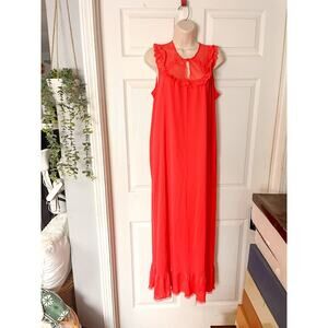 Vintage Shadowline Nylon‎ Nightgown M Medium Red Sleeveless Silky Lace Sweep